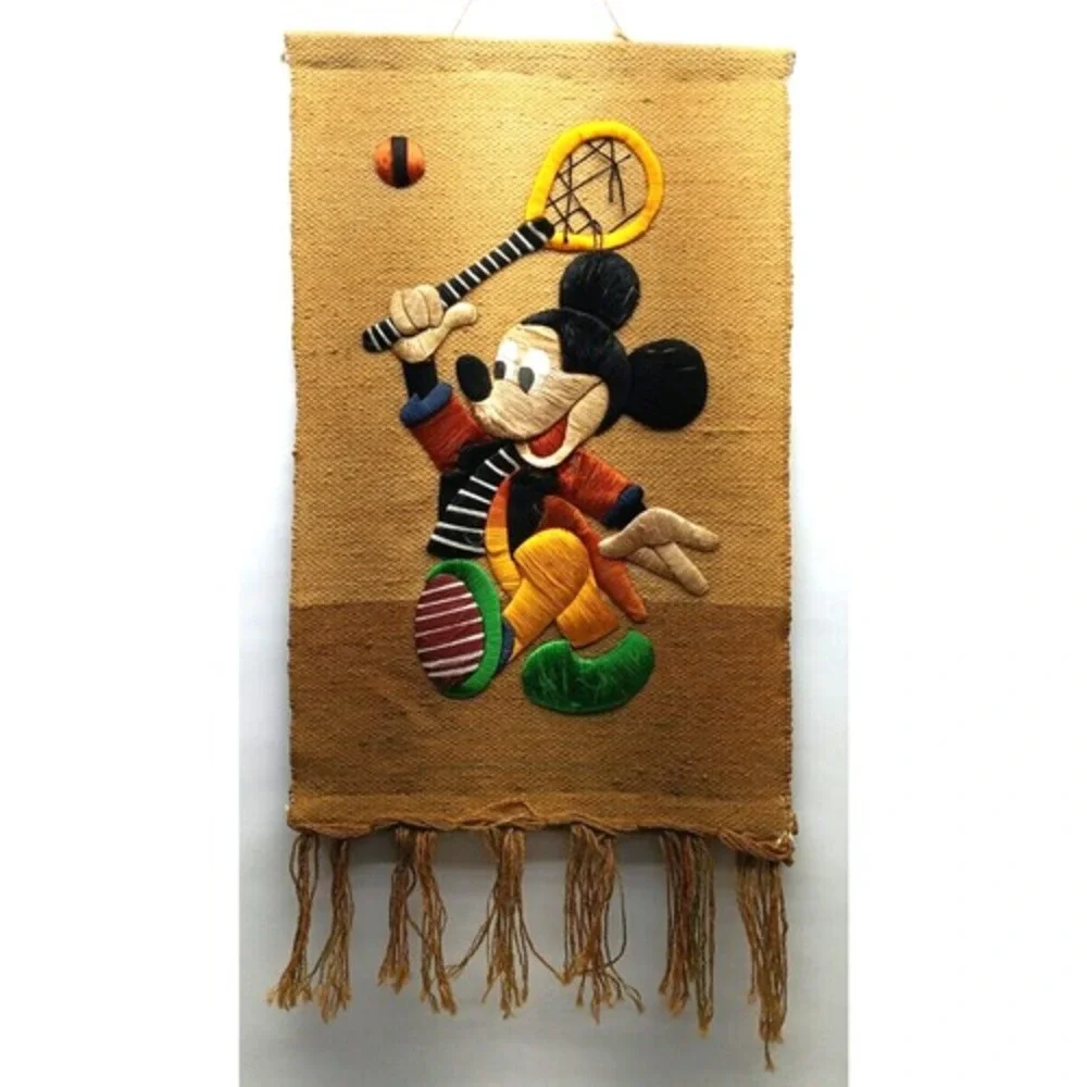 MICKEY MOUSE Woven Burlap Vintage Wall Hanging Tapestry Embroidery Plays Tennis